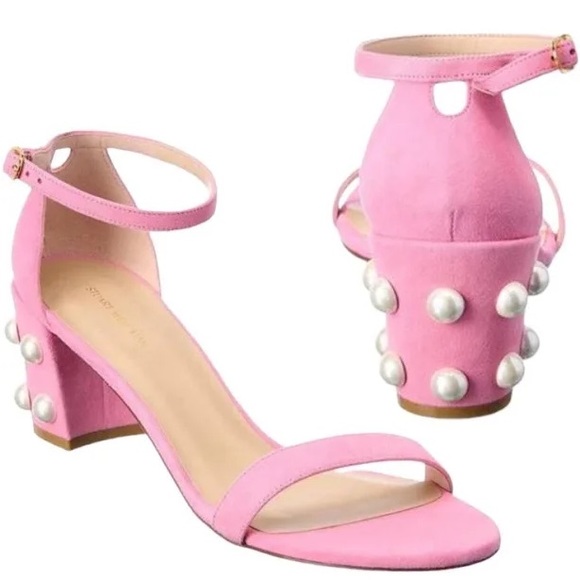 STUART WEITZMAN Simple Pearls Block Heel Pink Suede Sandal - Picture 1 of 5